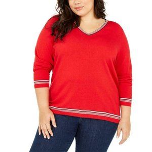 NWT TOMMY HILFIGER Women's 0X XL Red White Blue V-Neck Long Sleeve Sweater Top
